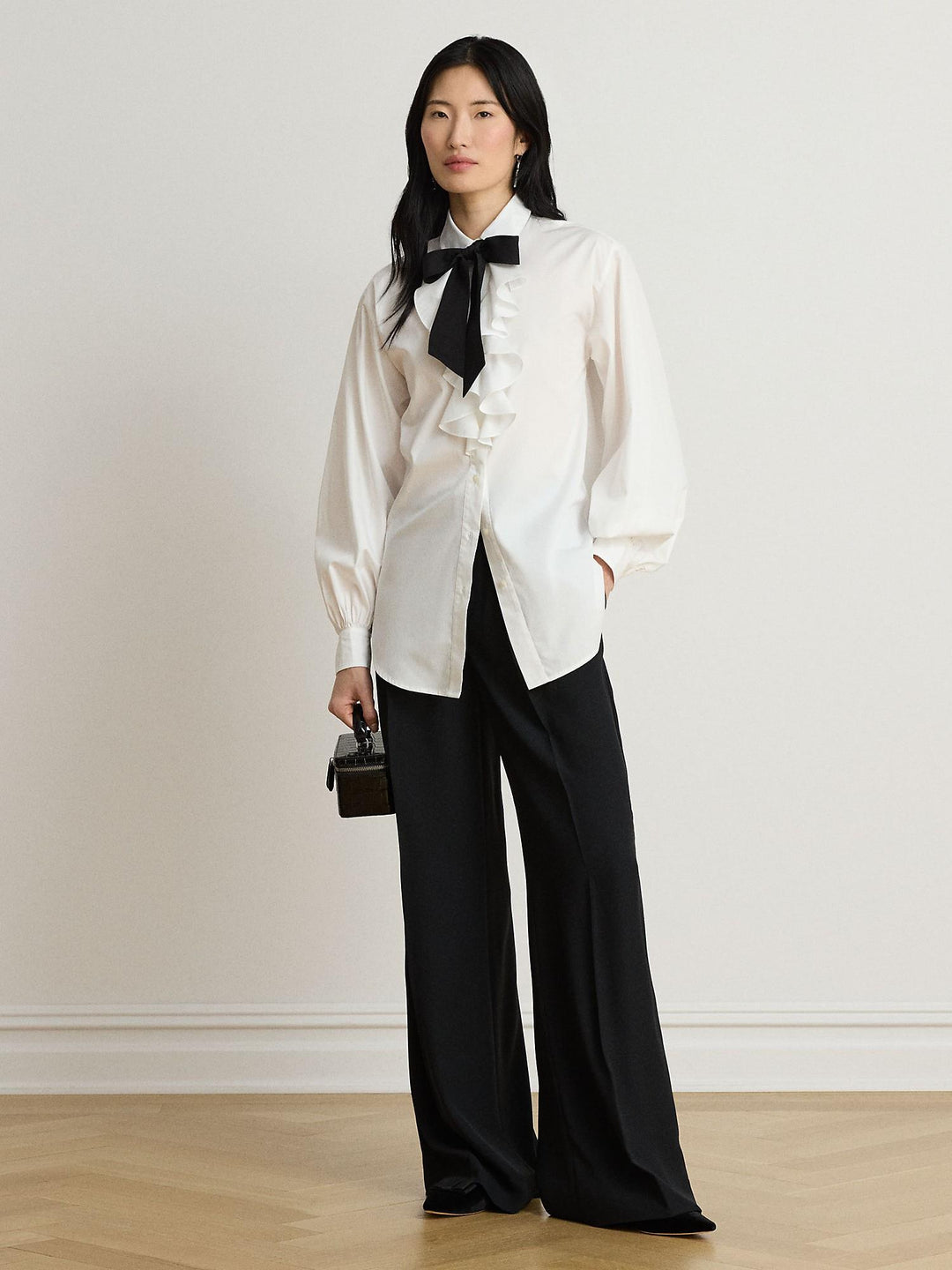 Ruffle Trim Broadcloth Tie Neck Shirt