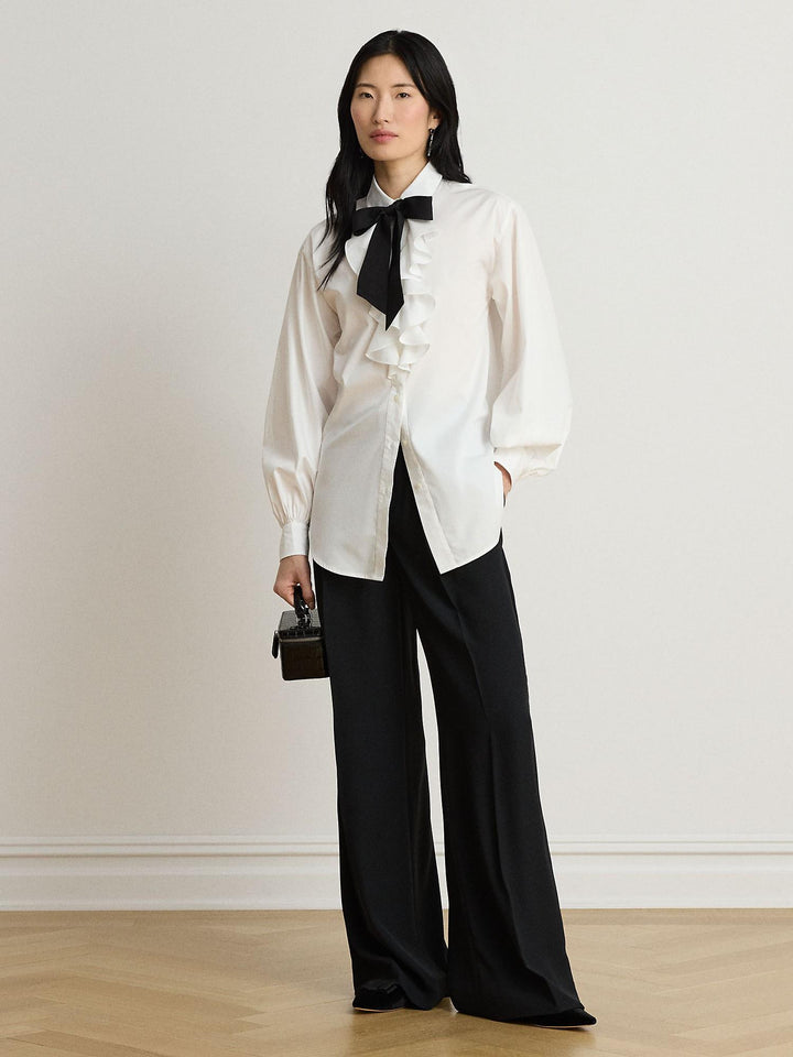 Ruffle Trim Broadcloth Tie Neck Shirt