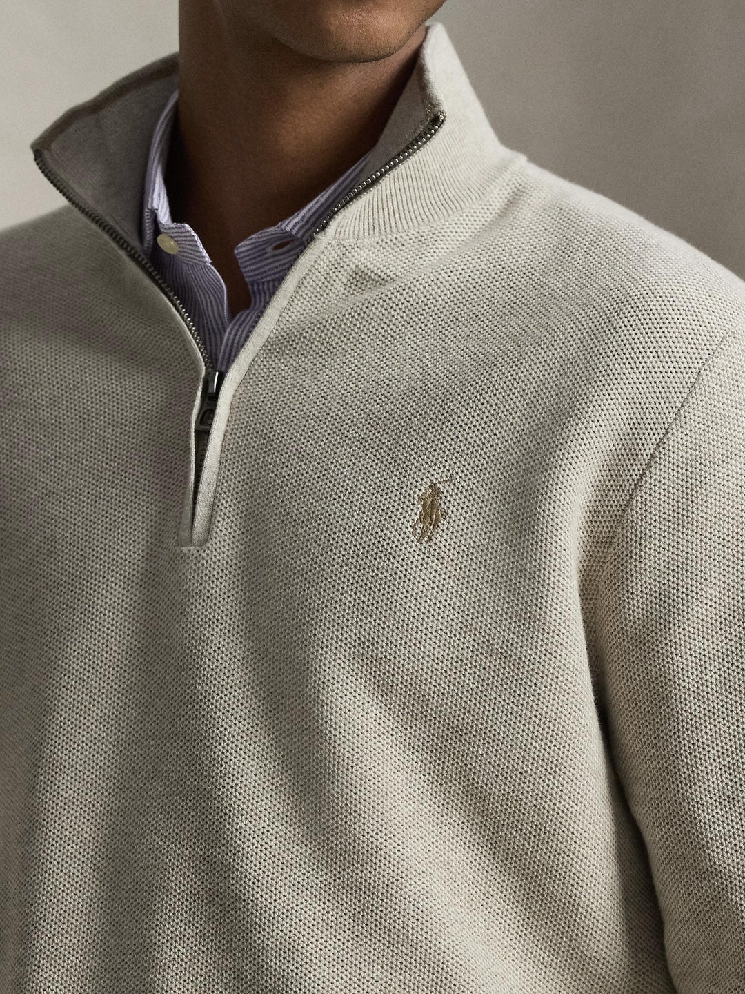 MESH KNIT COTTON QUARTER ZIP SWEATER
