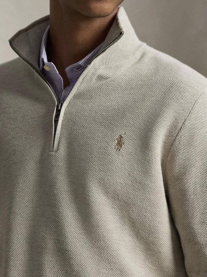 MESH KNIT COTTON QUARTER ZIP SWEATER