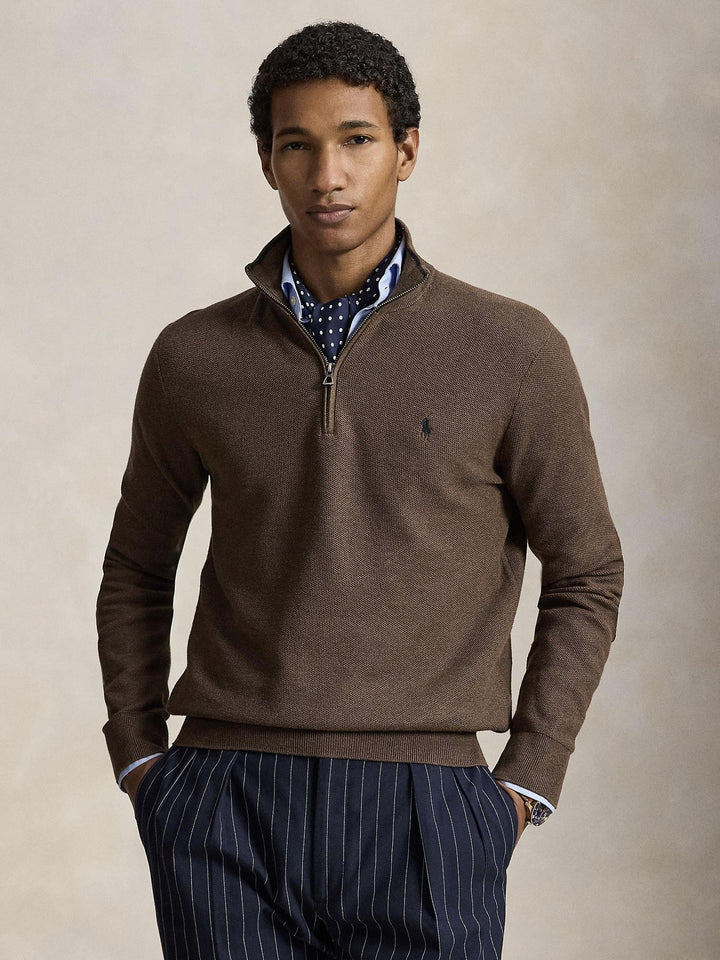 MESH KNIT COTTON QUARTER ZIP SWEATER
