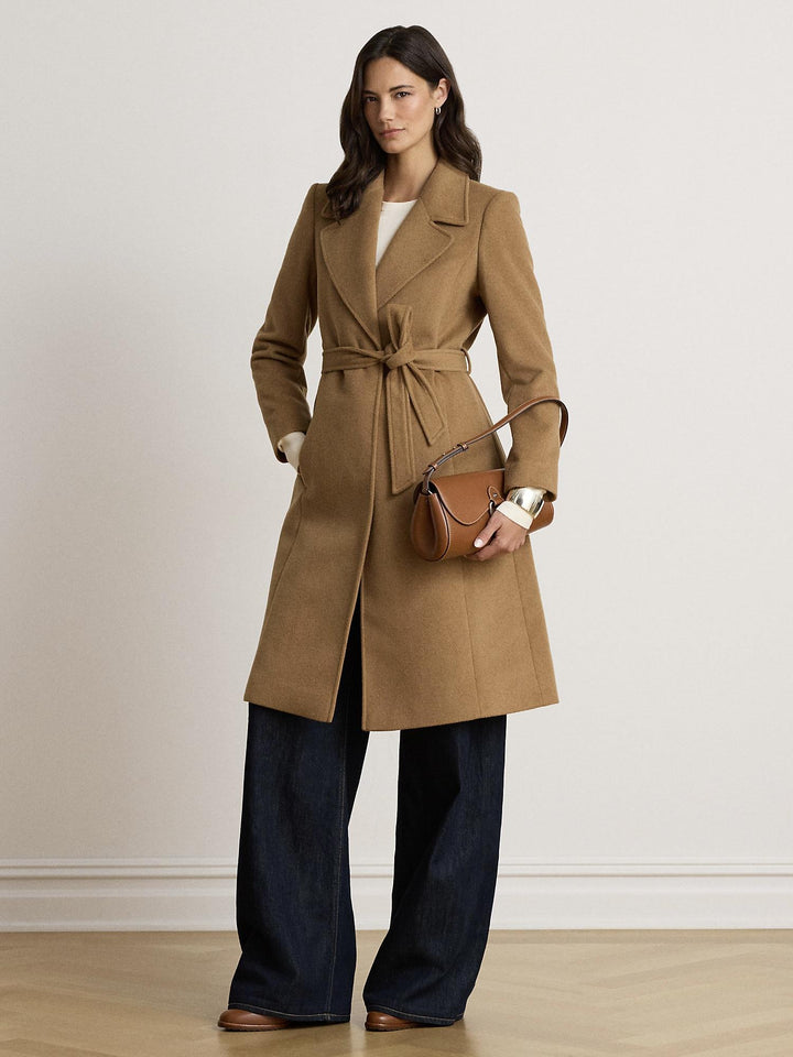 Belted wool blend wrap coat