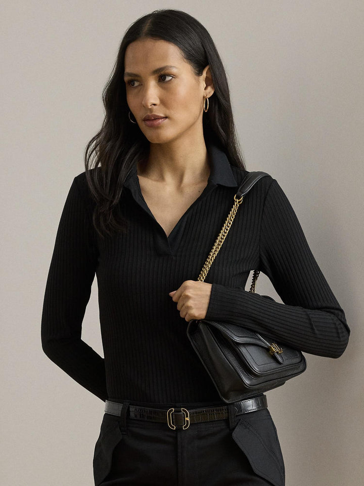Rib-Knit Long Sleeve Polo Topp