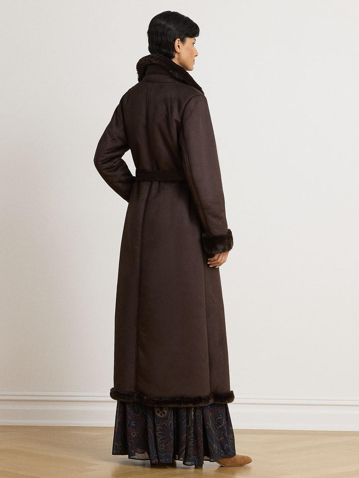 Faux-Shearling Belted Maxi Coat
