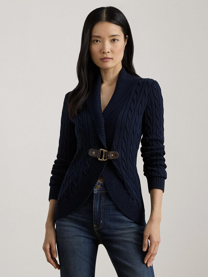 BUCKLE-TRIM CABLE SHAWL-COLLAR CARDIGAN