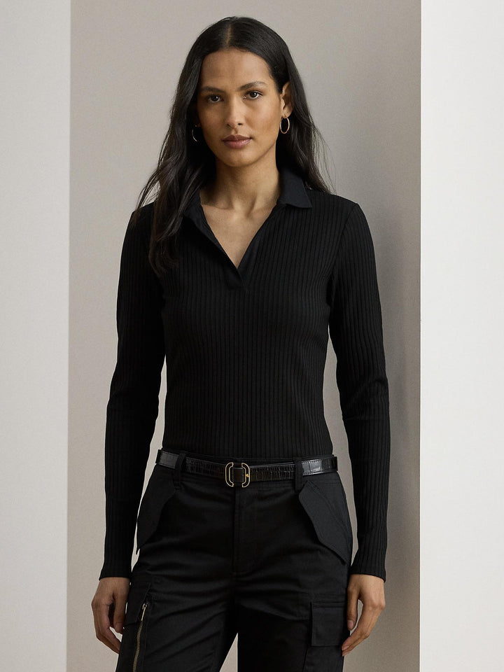 Rib-Knit Long Sleeve Polo Topp