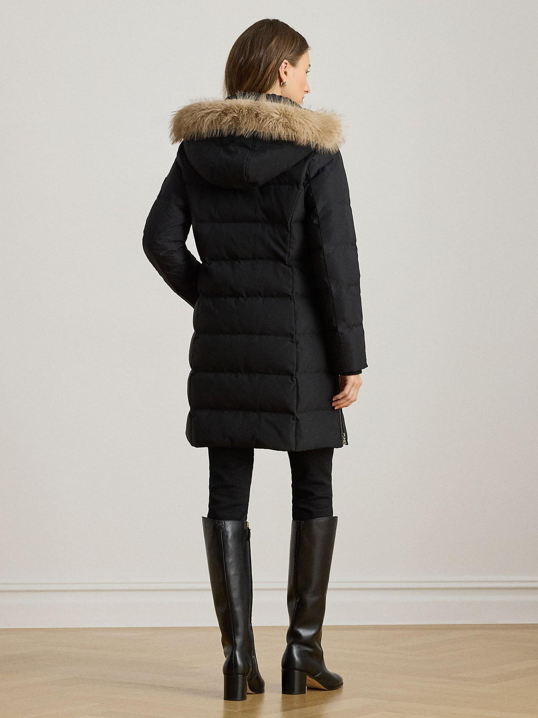 Faux trim hooded down coat