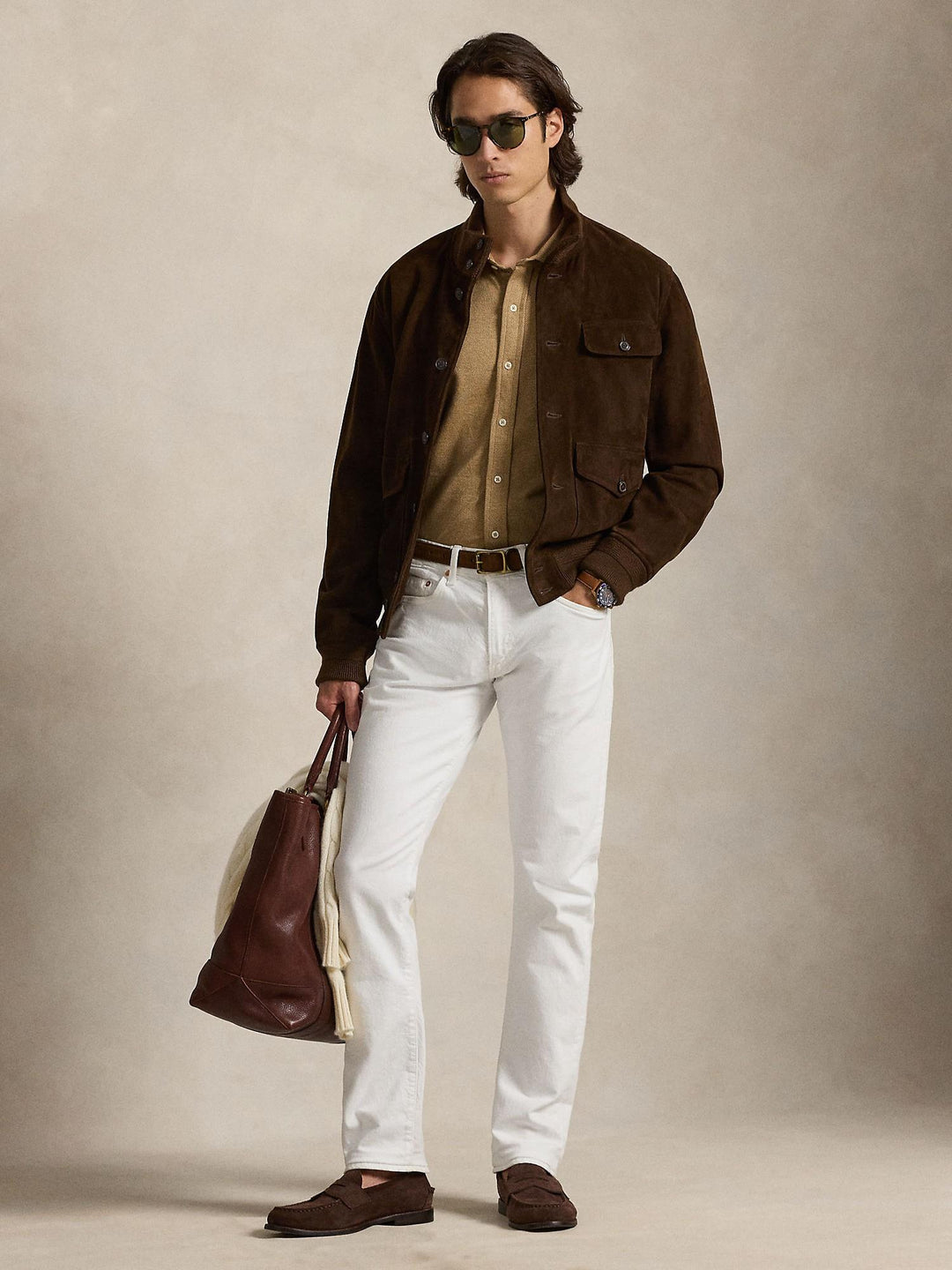 Herringbone jersey spread-collar shirt