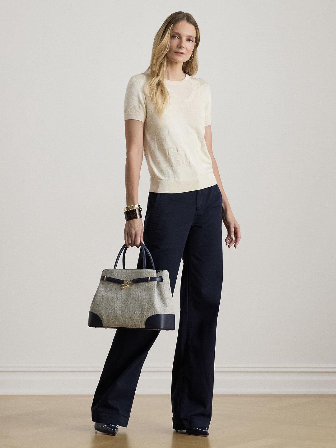 Belting-Motif Short Sleeve Sweater