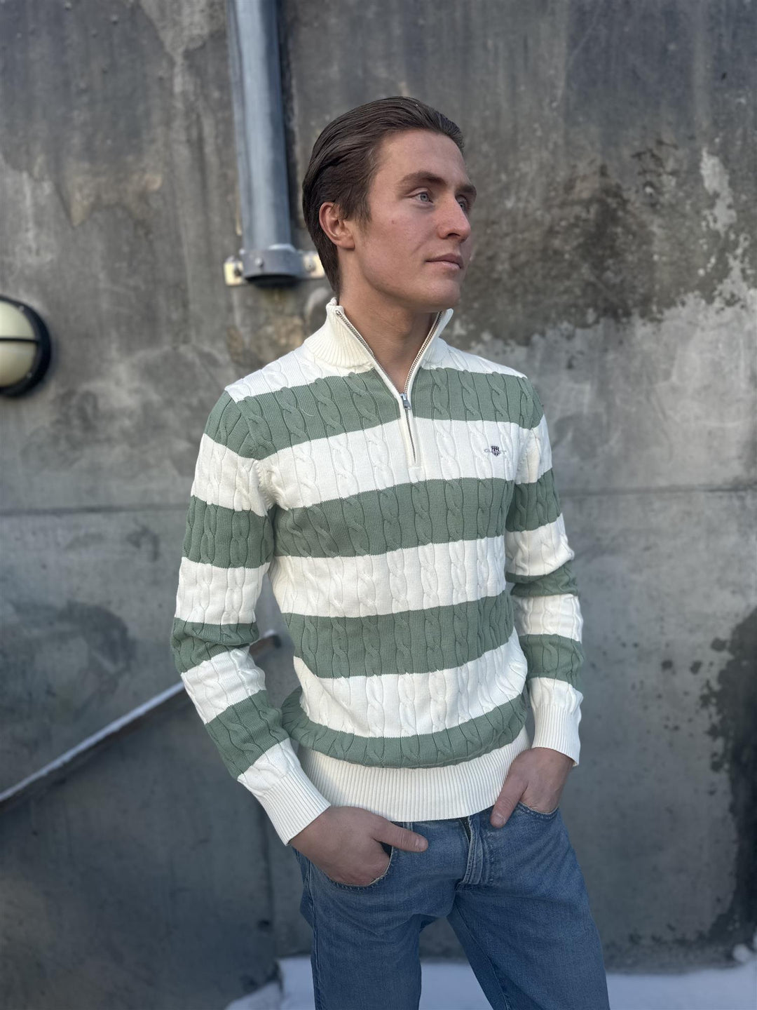 Striped Cotton Cable Half Zip