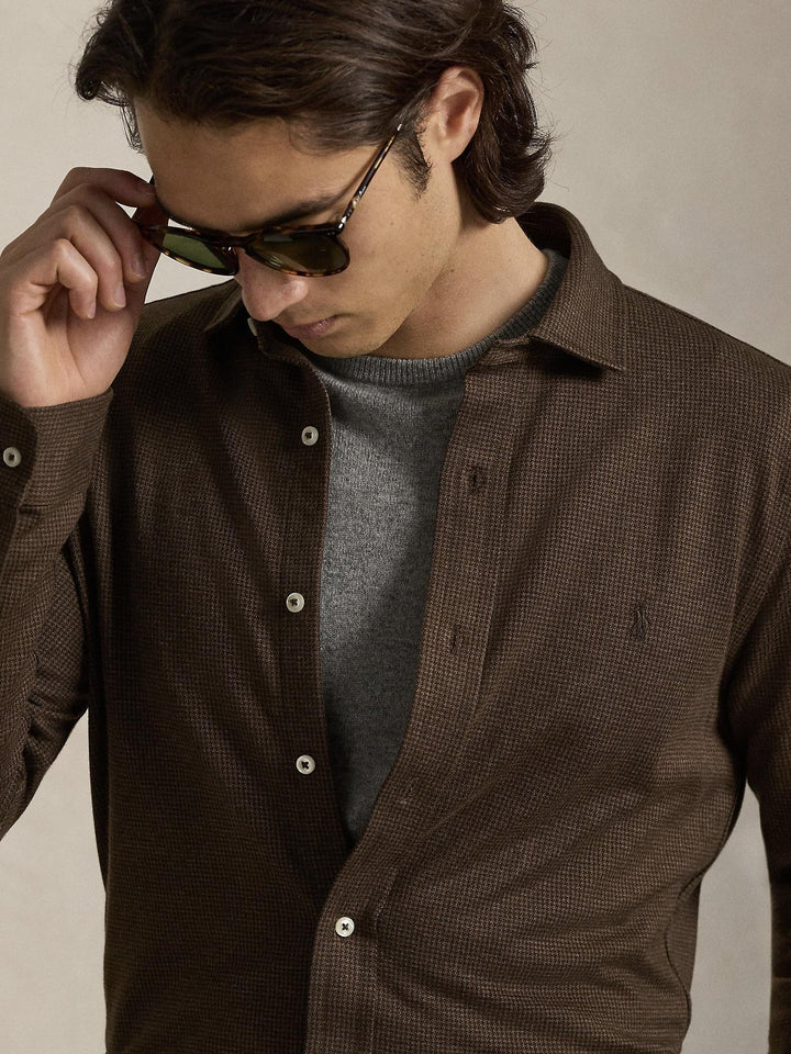 Houndstooth Jersey Spread-Collar Shirt