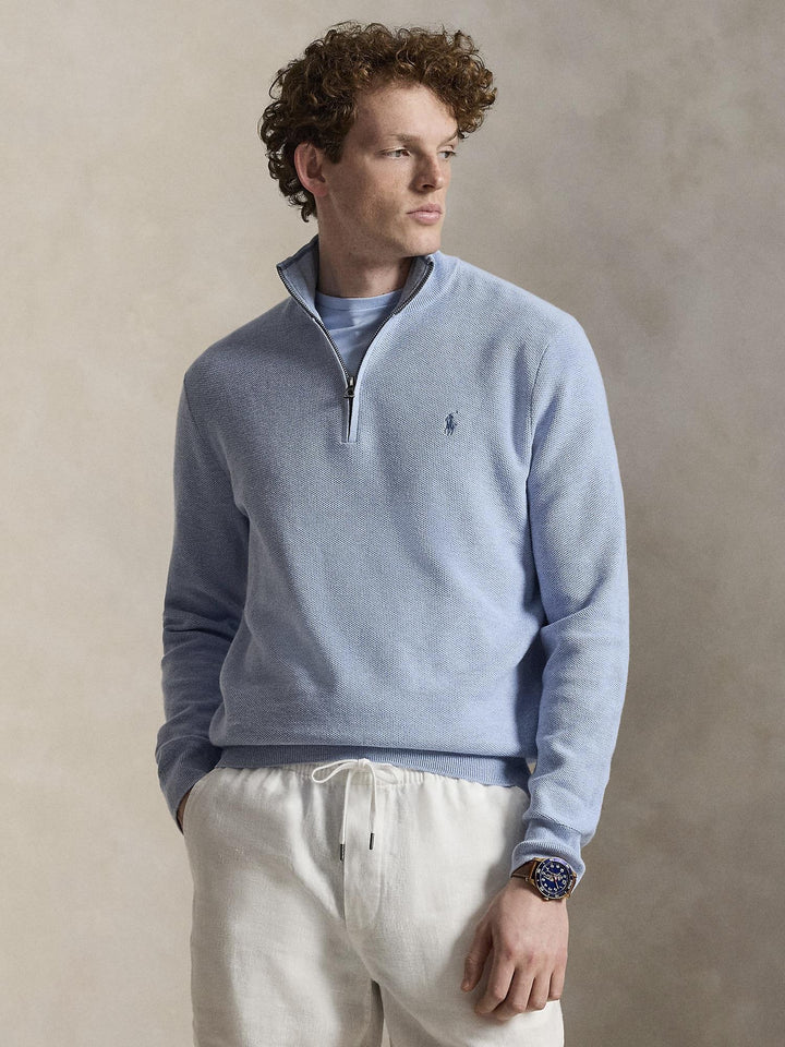 MESH KNIT COTTON QUARTER ZIP SWEATER