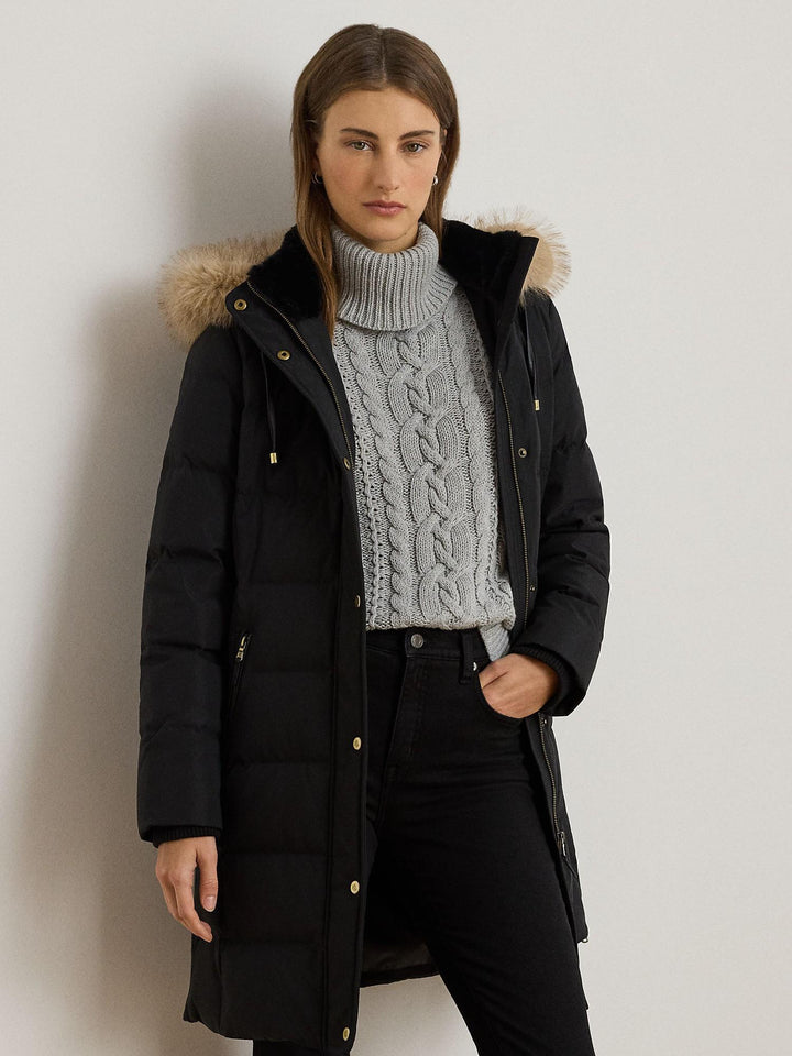 Faux trim hooded down coat
